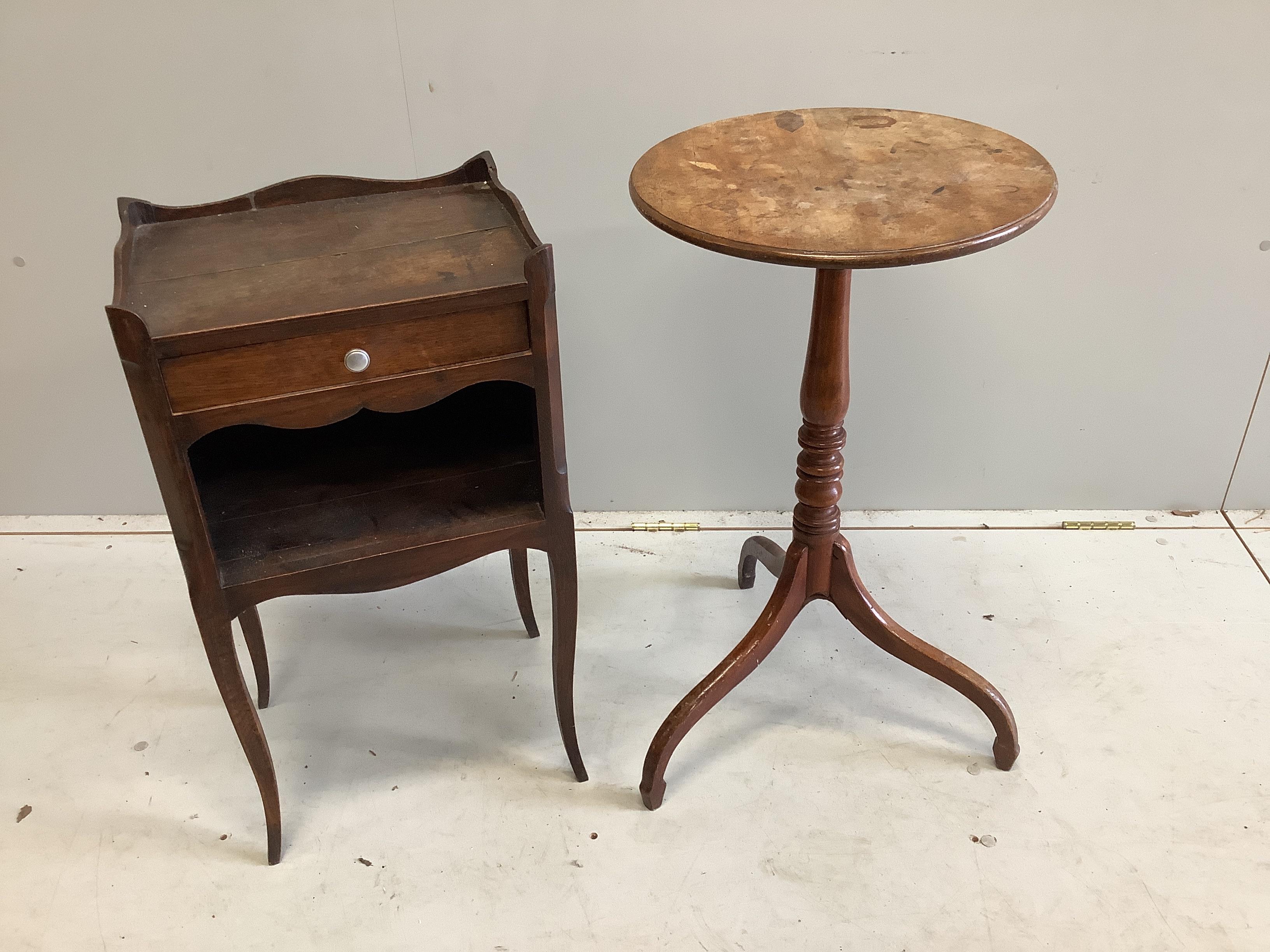 A 19th century French mahogany bedside table, width 38cm, depth 28cm, height 70cm together with a Regency circular mahogany tripod wine table